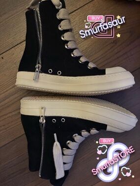 Rick Owens black and white high top sneakers